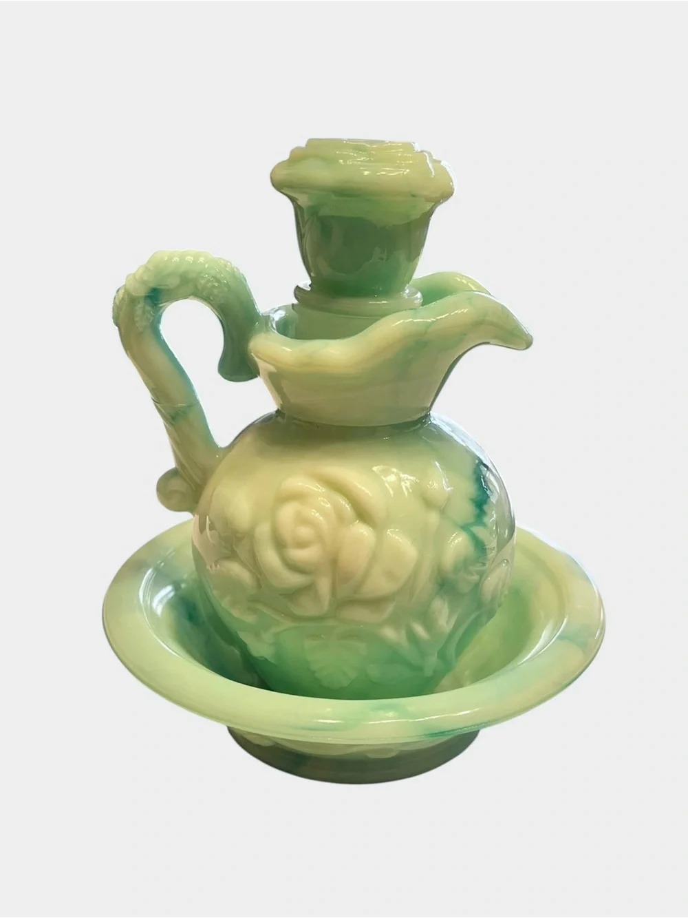 VINTAGE 1986 AVON Victorian Blue Green Milk Glass Rose Pitcher Basin Set - Picture 3 of 7